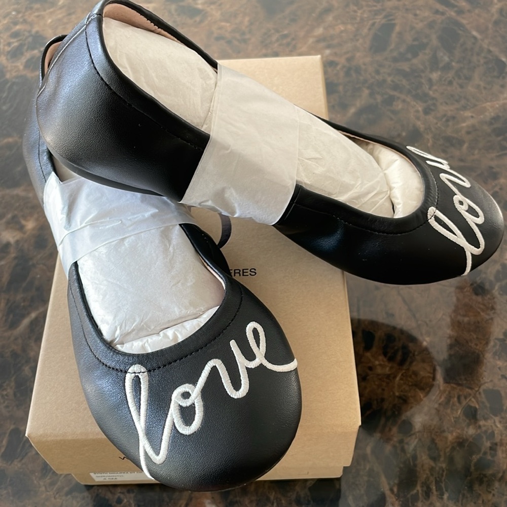 New in Box! Black Ballet Flats with Embroidered “love” Girls Size 4.5 Medium